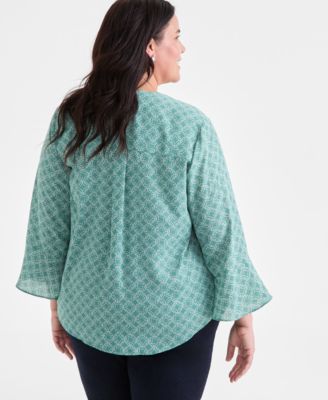 Plus Size Printed V-Neck Ruffle-Cuff Blouse, Exclusively at Macy's 