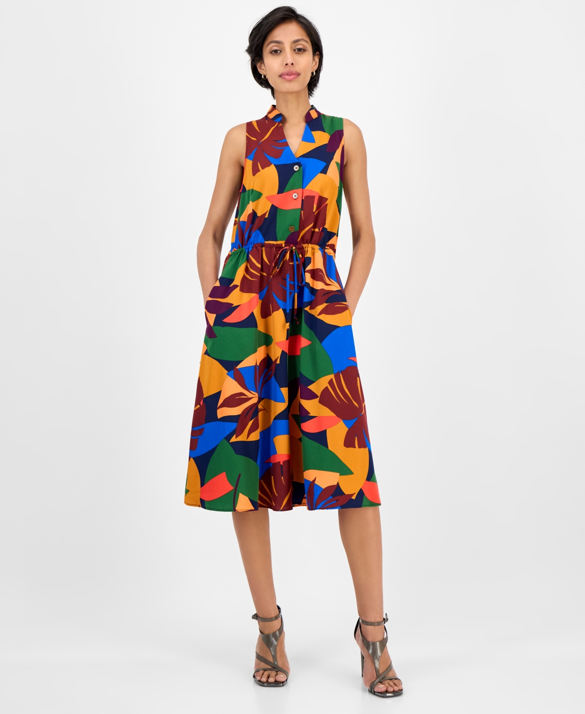 Women's Printed Drawstring Midi Shirtdress - Multi