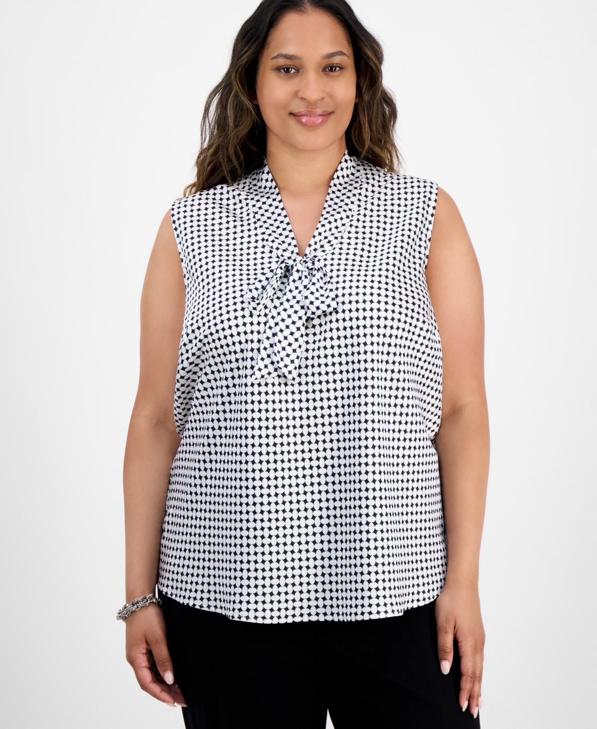 Plus Size Diamond-Print Tie-Neck Top - Vanilla Ice/black