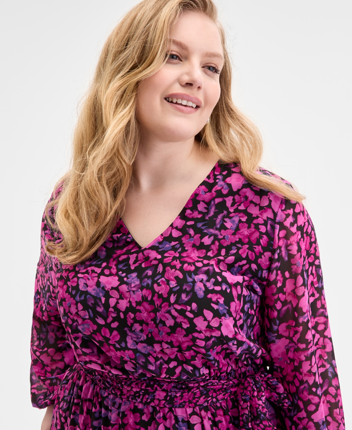 Kasper Plus Size Printed Blouson-sleeve Midi Dress