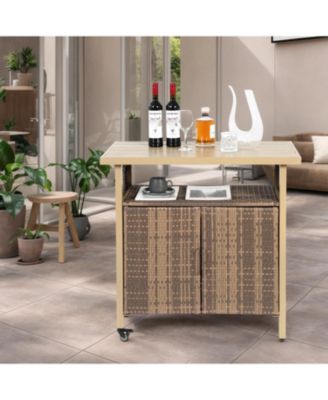 Outdoor Wicker Bar Cart with Glass Top