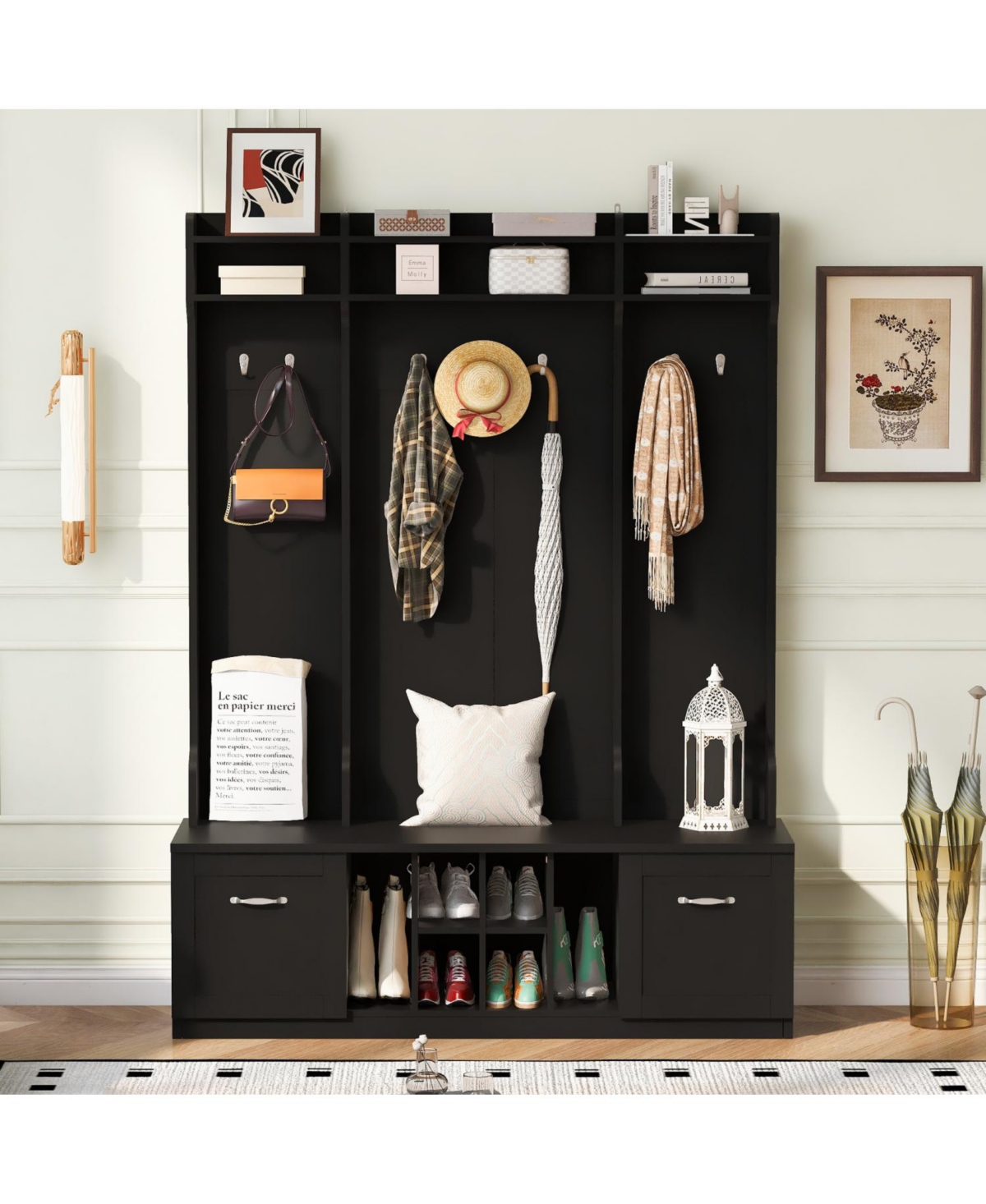 Entryway Hall Tree: Bench, Coat Rack, Drawers & Shelves - Black