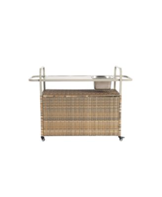 Wicker Bar Cart with Ice Bucket & Steel Top