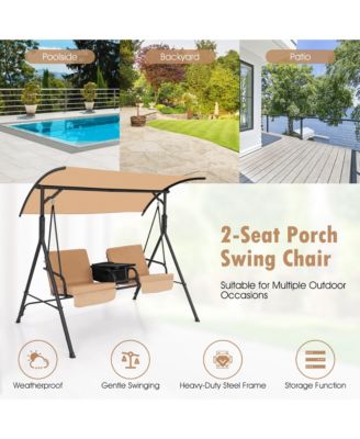 2-Person Canopy Porch Swing Padded Chair Cooler Bag Rotatable Tray
