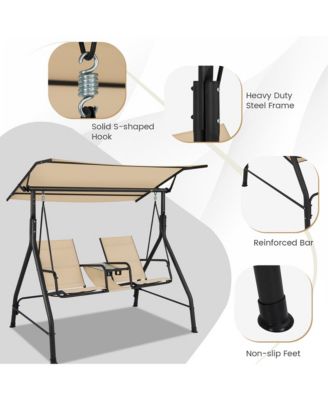 2-Person Porch Swing Adjustable Canopy Swing Chair w/ Tempered Glass Table