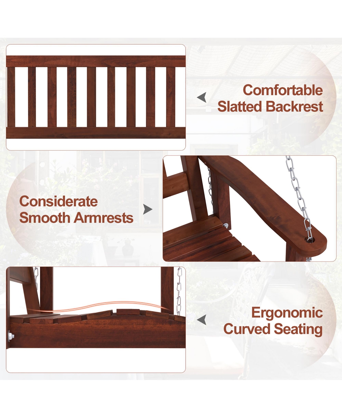 Gymax 5FT Wooden 3-Person Porch Swing Chair w/ Adjustable Galvanized Metal Chains