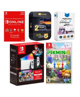 Switch OLED Console Mario Kart 8 Bundle with Pikmin 4, NSO 12 Month Family Membership, MightySkins Console and Controller Skin Voucher, and 2