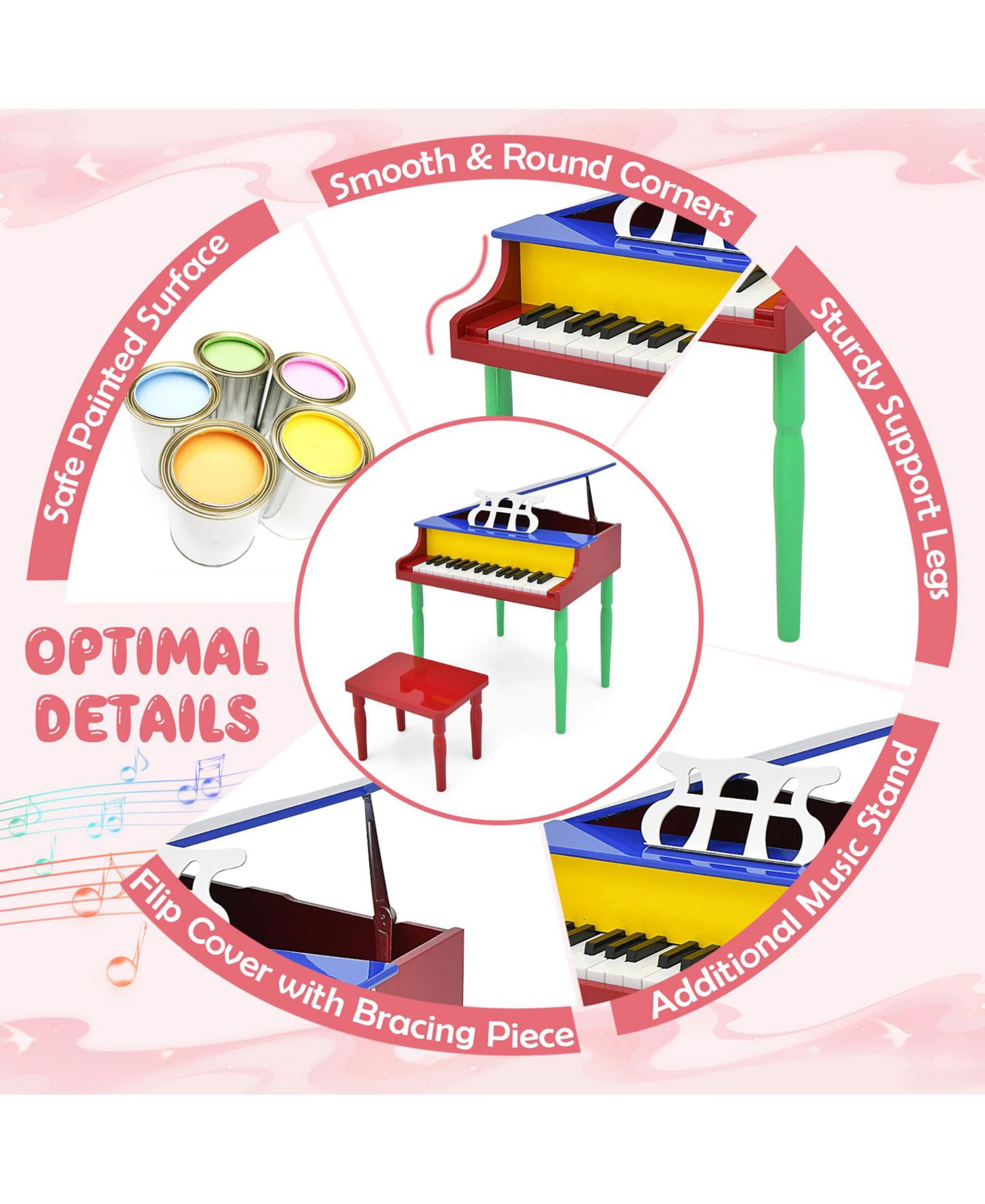 Детские игрушки Gymax 30-Key Wood Grand Piano Music 3-Piece Set, Ages 3+, цвет: Синий — фото 7
