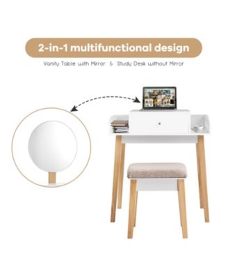 2-Pc. Wood Mirror Vanity Dressing Table Set with Drawer
