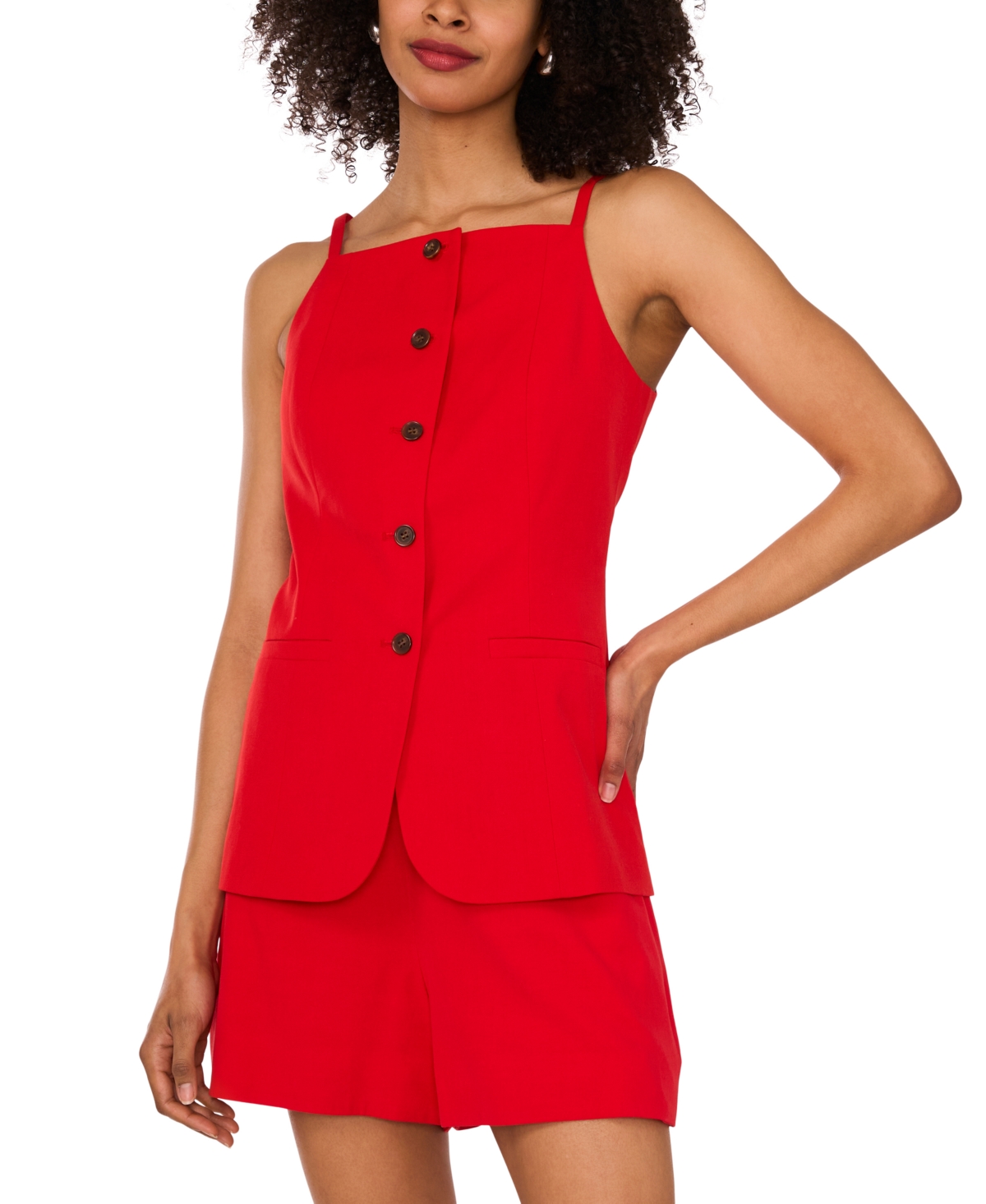 Women's Square-Neck Button-Front Long Vest - Goji Berry