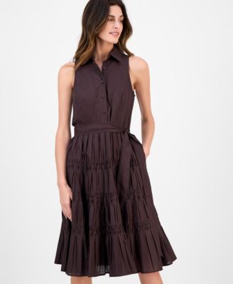 Women's Sleeveless Pintuck Tie-Waist Midi Dress