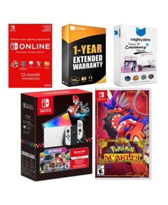 Switch OLED Console Mario Kart 8 Bundle with Pokemon Scarlet, NSO 12 Month Family Membership, MightySkins Console and Controller Skin Voucher