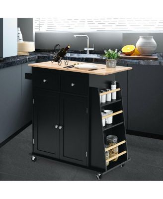 Rubber Wood Countertop Rolling Kitchen Island Cart