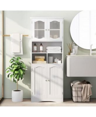 58.5 Inch Freestanding Linen Bathroom Storage Cabinet with Frost Glass Doors