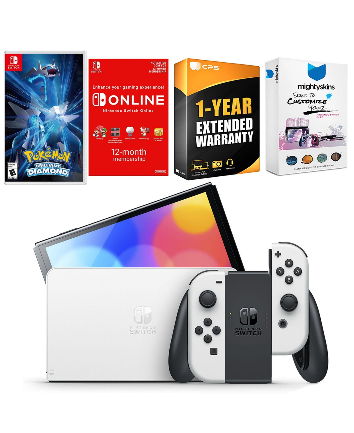 Nintendo Switch White Oled Console with Pokemon Brilliant Diamond, Nso 12 Month Family Membership, MightySkins Console and Controller Skin Voucher