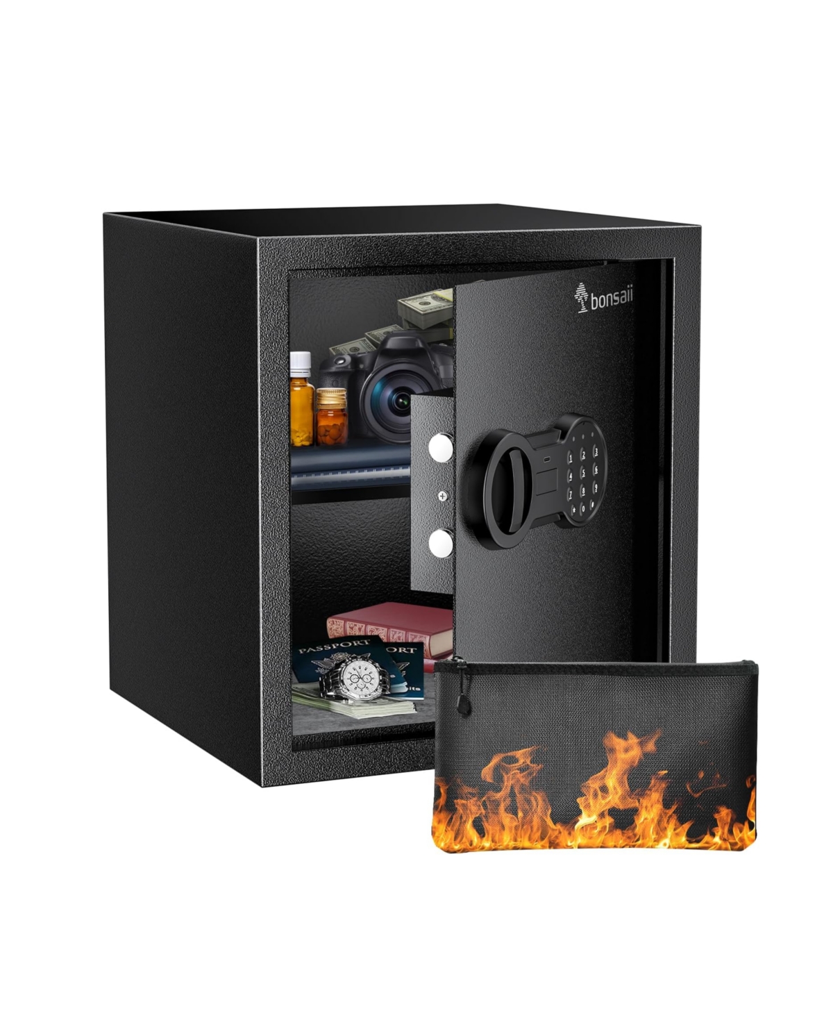 Security Safe Box with Money Bag, 1.28 Cubic Feet Large Document Safe Box for Home, Digital Keypad Lock, Removable Shelf for Money, Medicine,