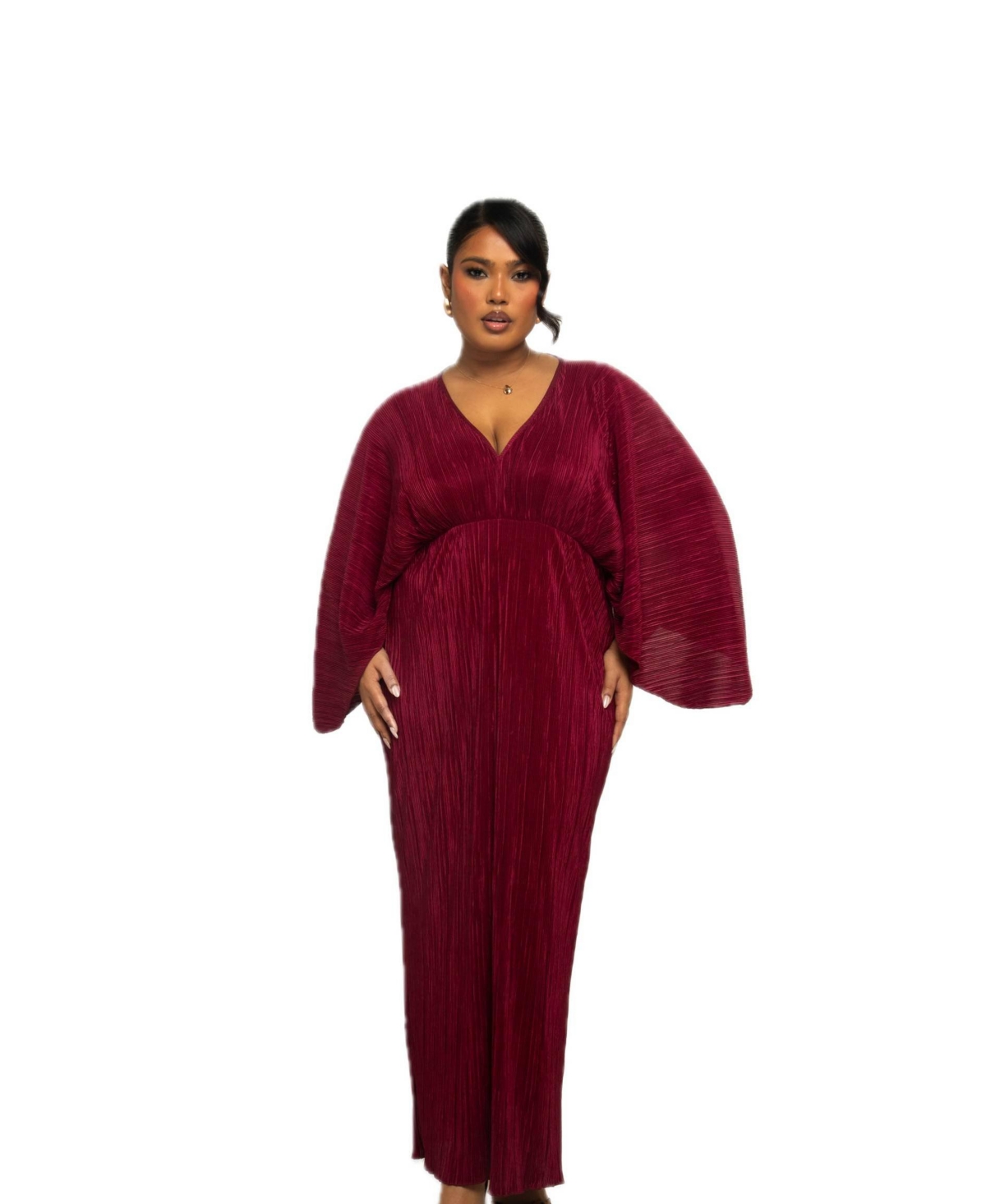 Plus Size Long Sleeve V-Neck Burgundy Maxi Dress - Burgundy