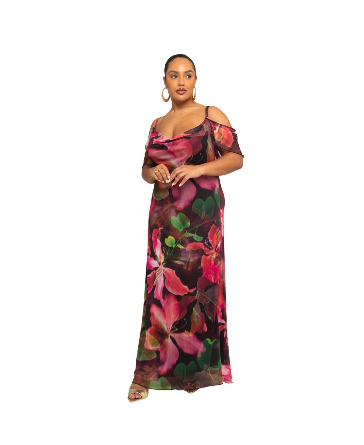 Plus Size Mesh Floral Printed Maxi Dress - Black