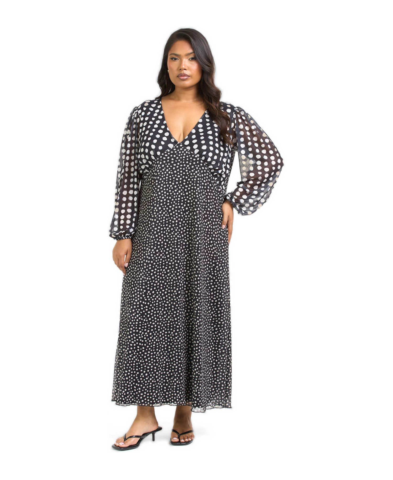 Women's Long Sleeved Polka Dot Midi Dress