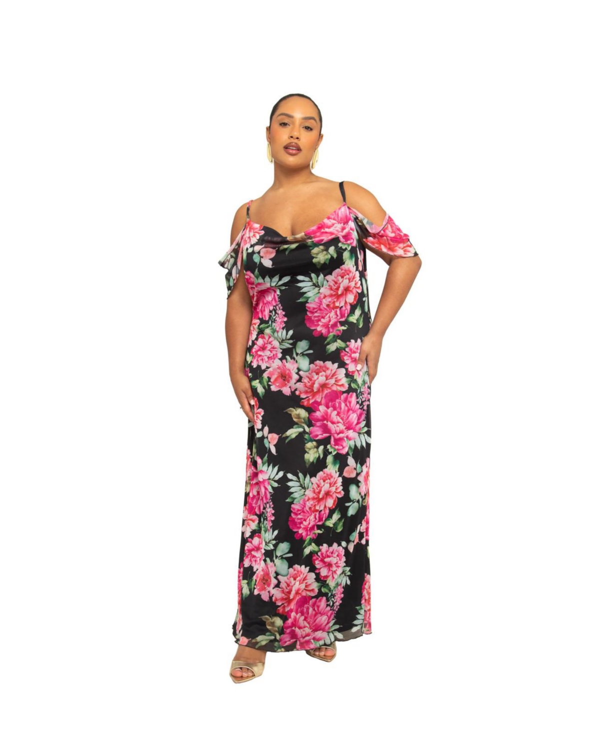 Plus Size Elegant Short Sleeve Floral Maxi Dress - Black