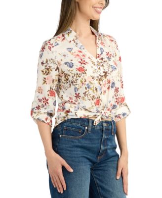 Juniors' Tie-Hem Floral-Print Shirt