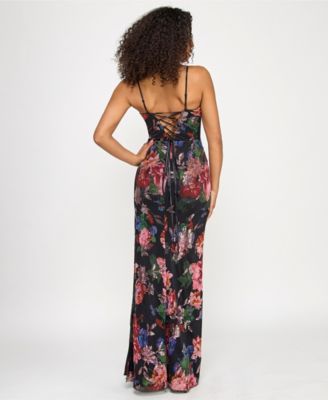Juniors' Floral-Print Sequined Spaghetti-Strap Gown