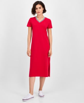 tommy hilfiger women's tiered split neck short sleeve dress Tommy Hilfiger Women's Short Flare Sleeve Ruched Waist Tiered Maxi Dress