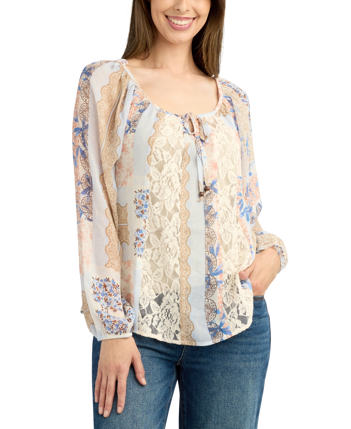 Juniors' Printed Lace-Inset Scoop-Neck Top - Pat F