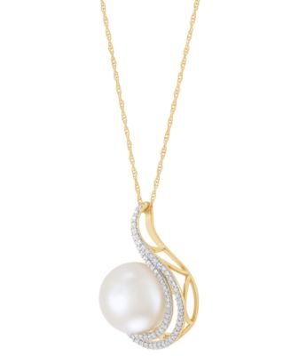 Honora - Ming Pearl (11mm) & Diamond (1/4 ct. t.w.) Swirl 18" Pendant Necklace in 14k Gold