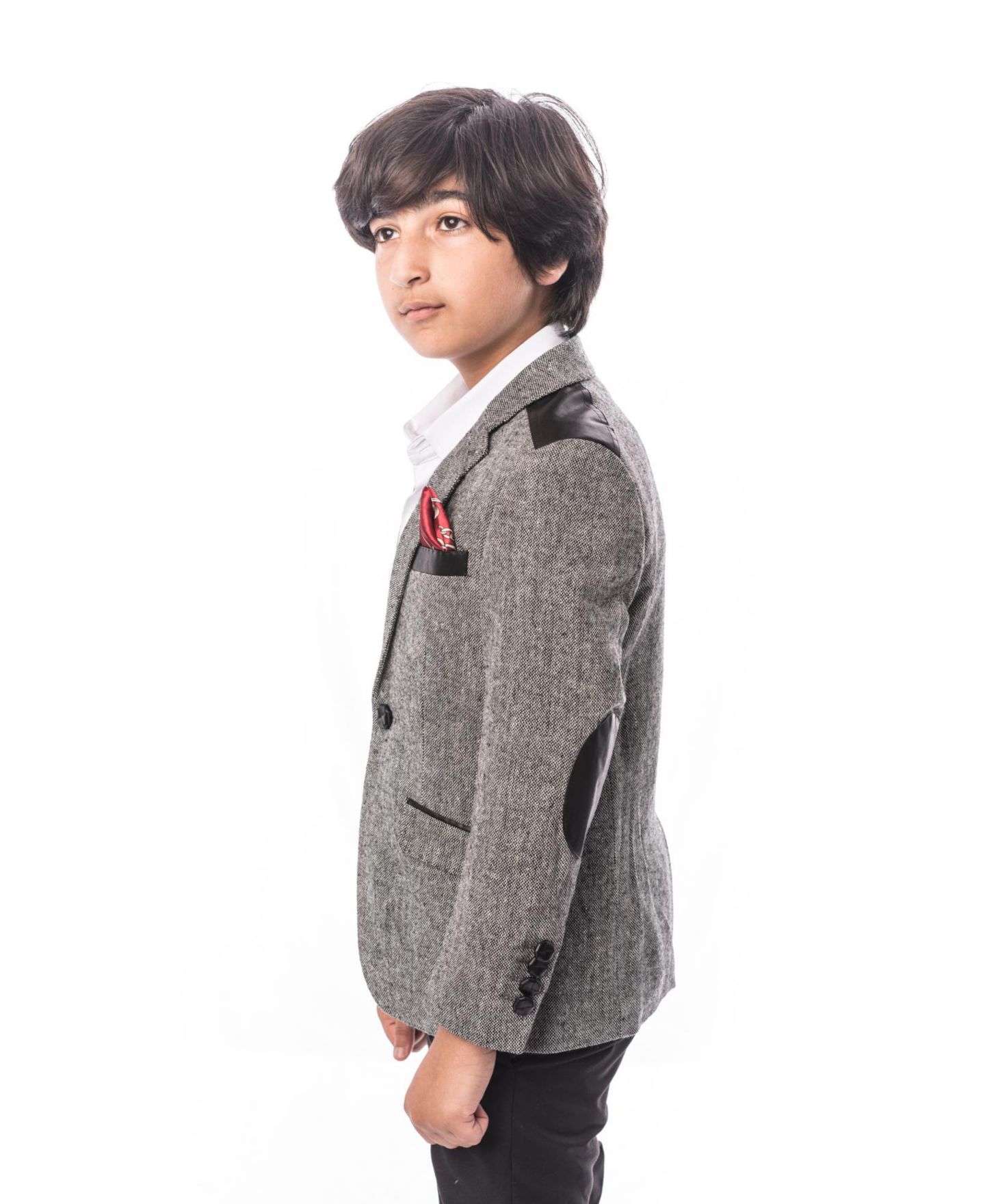 Детский пиджак Elie Balleh Toddler Grey Slim Fit Tweed & Faux Leather Blazer, цвет: Серый — фото 2