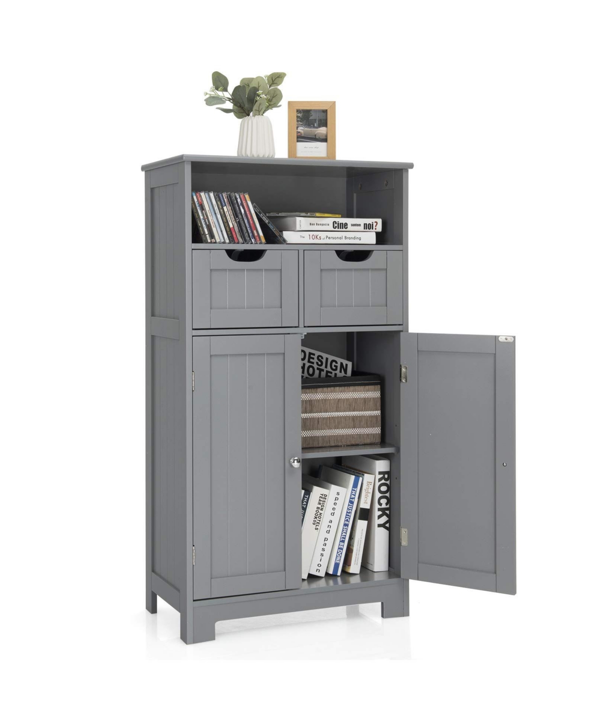 Bathroom Wooden Side Cabinet with 2 Drawers and 2 Doors - Grey