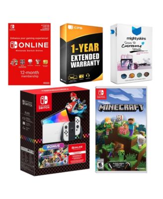 Switch OLED Console Mario Kart 8 Bundle with Minecraft: Switch Edition, NSO 12 Month Family Membership, MightySkins Console and Controller Sk