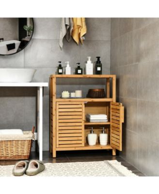 1-Pc Bamboo Floor Cabinet with Double Slatted Doors, Open Shelf and Removable Shelf
