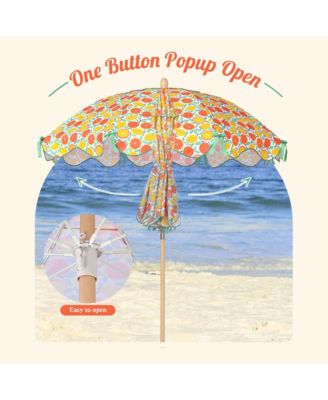 Our Beach Portable Umbrella for Sand Beech Wood Pole Carry Bag with Printed Orange Grapefruit Cute Garden Parasol