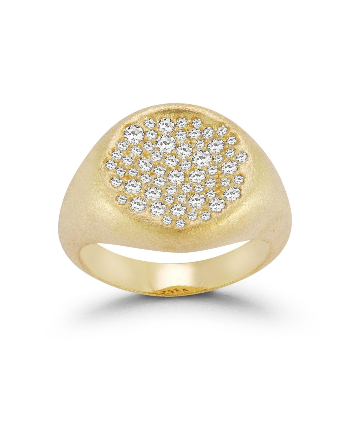 14K Gold Plated Sterling Silver Pave Satin Signet Ring - Silver