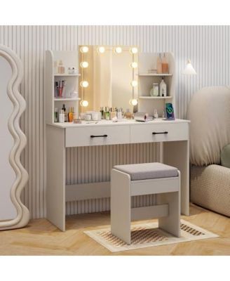 Vanity Set with Lighted Mirror and Stool with Power Outlet