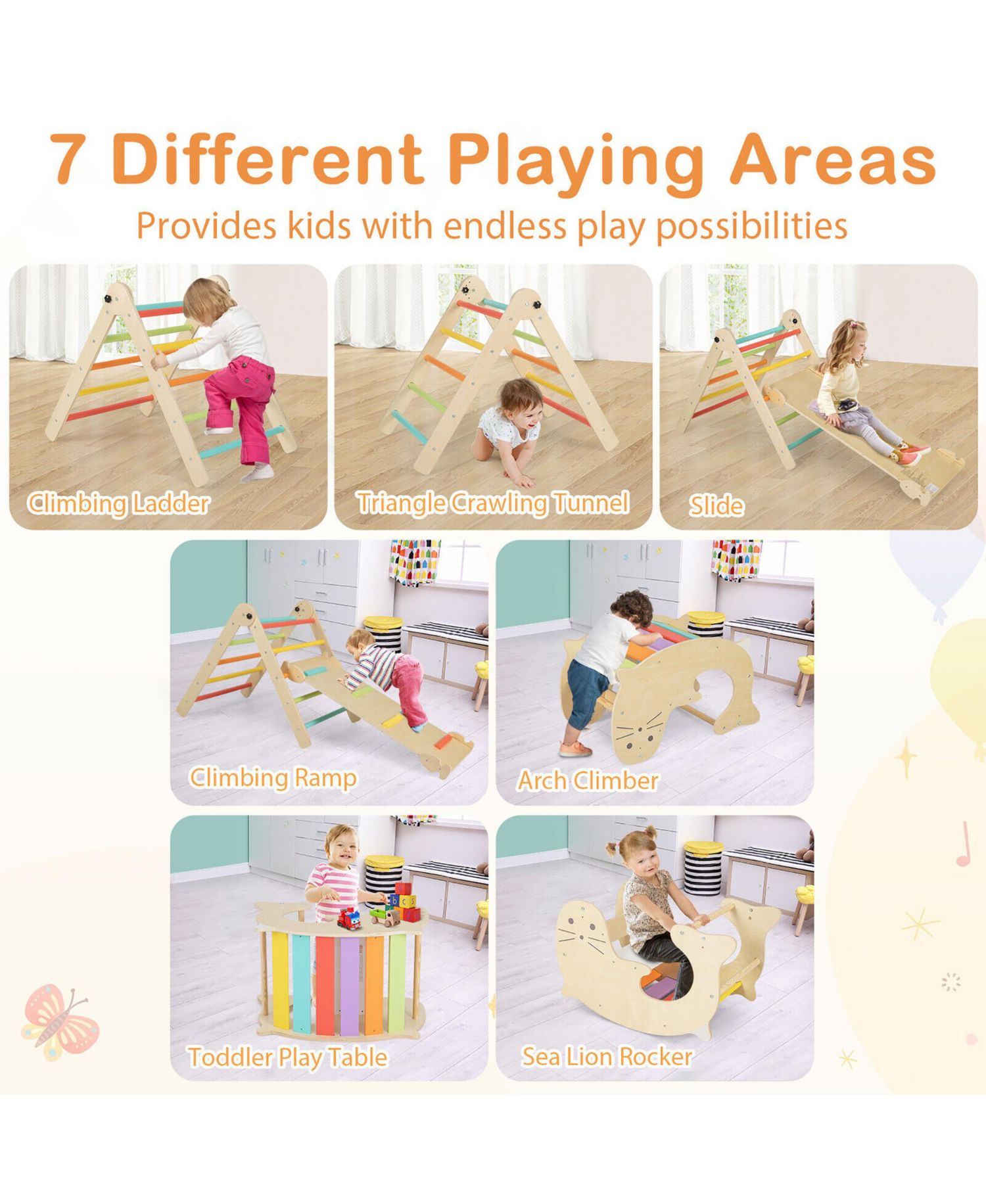 Ages 3+ 7-in-1 Indoor Climbing Gym with Reversible Ramp and Sea Lion Rocker, 4-Piece Set