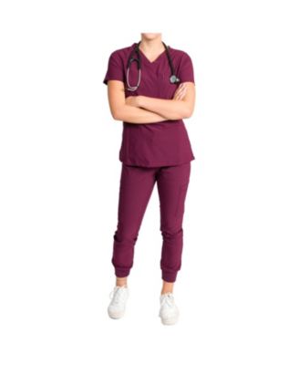Women's Fleur Stretch Scrub Set with Zip Chest Pocket Top and Knit Rib Cuffs Jogger Pants