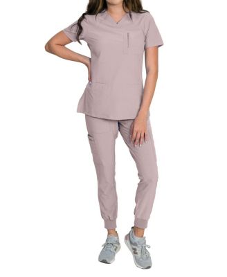 Women's Stretch Scrub Set with Zip Chest Pocket Top and Knit Rib Cuffs Jogger Pants