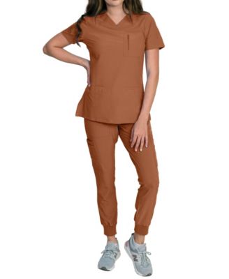 Women's Stretch Scrub Set with Zip Chest Pocket Top and Knit Rib Cuffs Jogger Pants