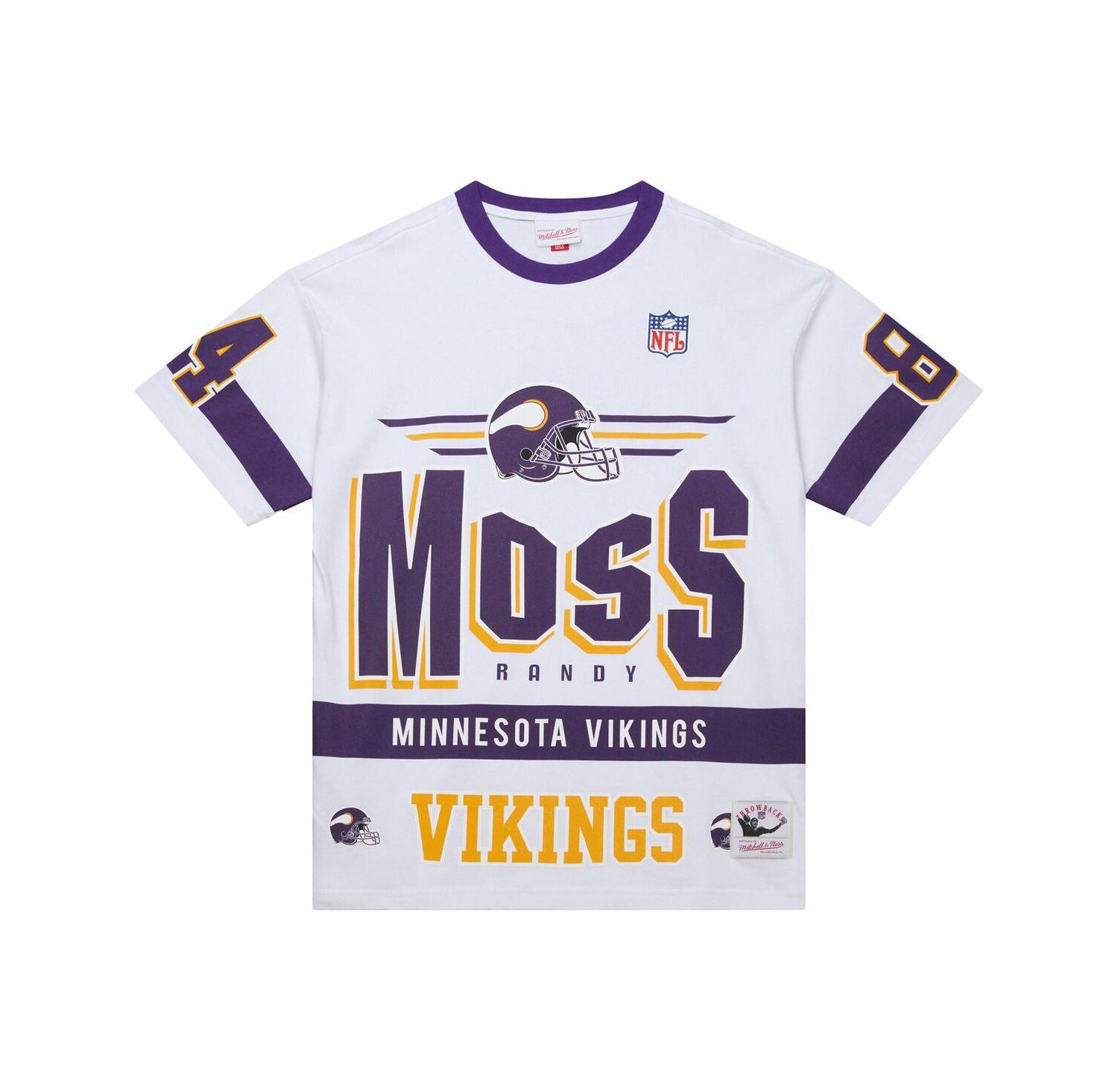 Men's Randy Moss White Minnesota Vikings Name & Number Team Origins Vintage Logo T-Shirt