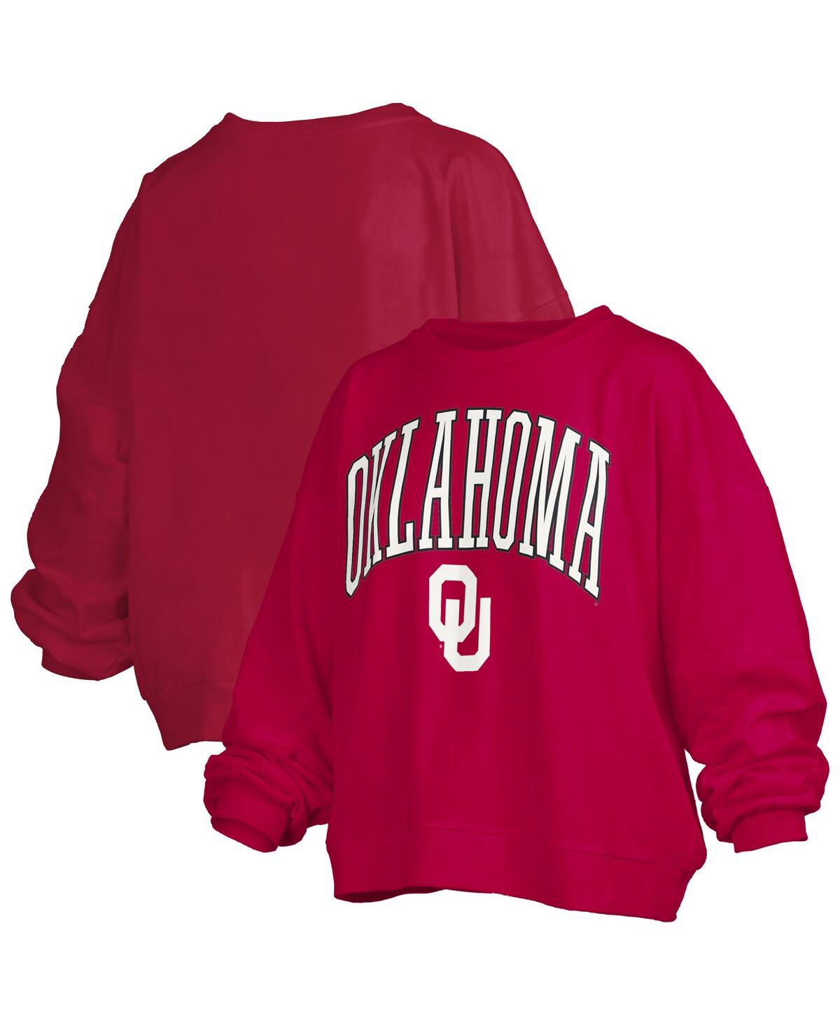 Women's Crimson Oklahoma Sooners Janise Arch Over Logo Waist Length Oversized Pullover Sweatshirt - Crimson