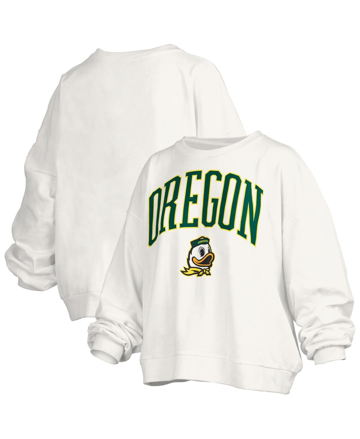 Pressbox Women's White Oregon Ducks Janise Arch Over Logo Waist Length Oversized Pullover Sweatshirt In White
