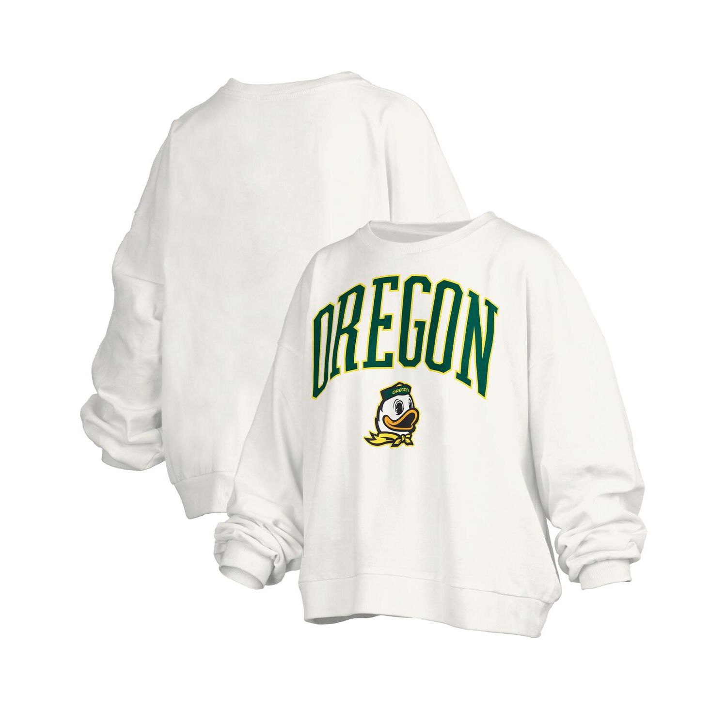Women's White Oregon Ducks Janise Arch Over Logo Waist Length Oversized Pullover Sweatshirt