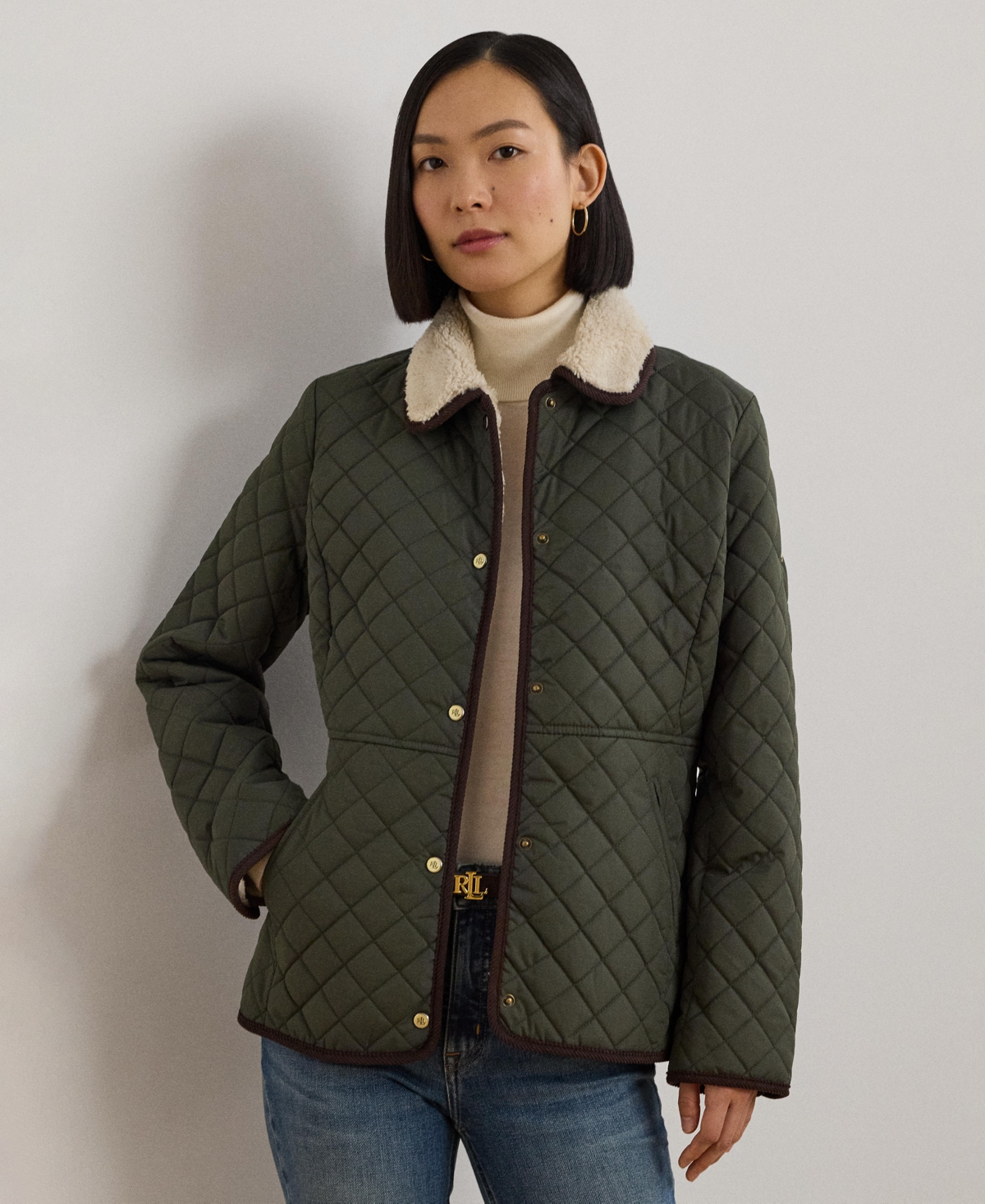 Ralph Lauren Women's Faux-sherpa-collar Quilted Coat In Green