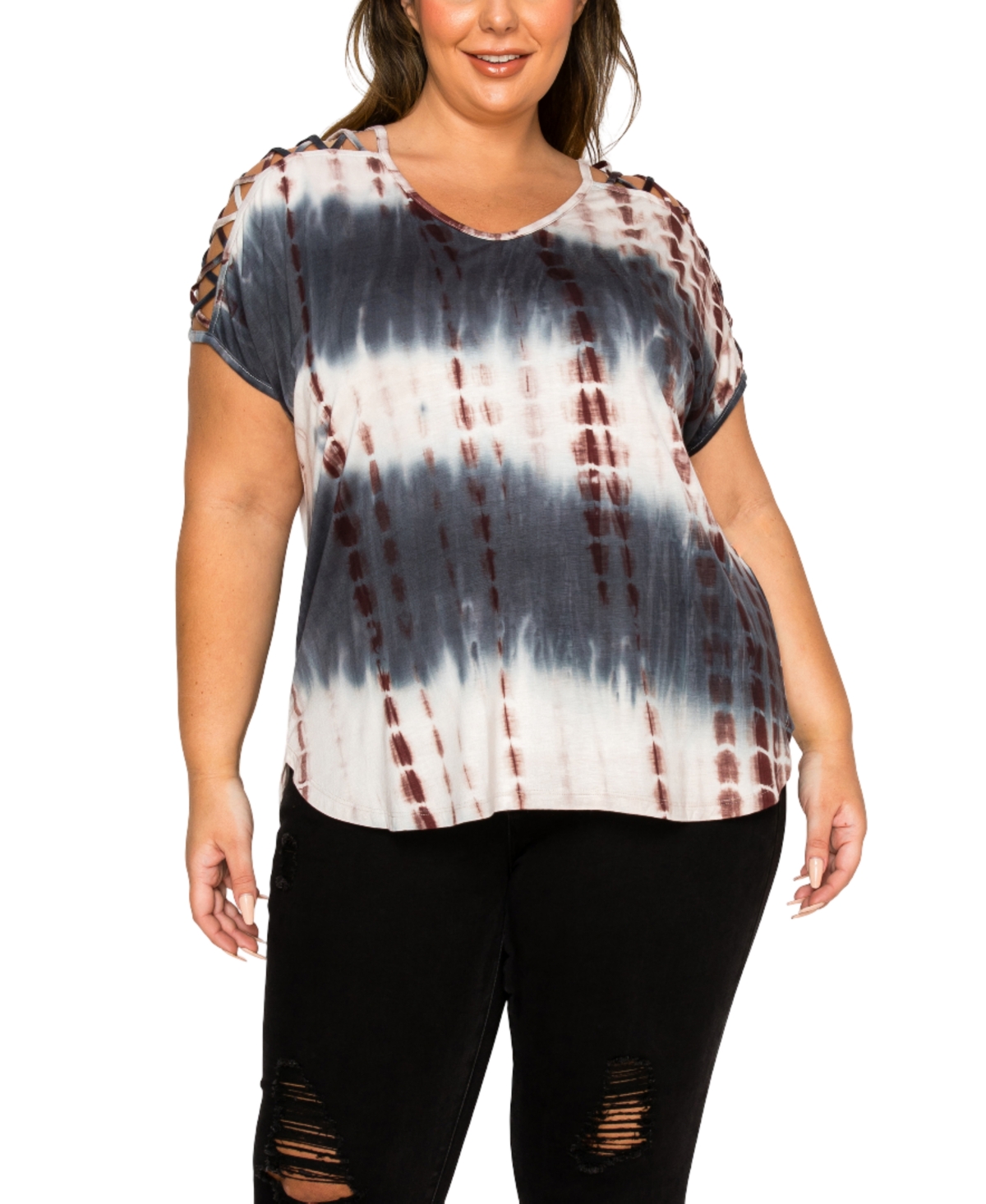 Plus Size Tie Dye Lattice Sleeve Dolman T-Shirt - Smoke, Cream, Brown