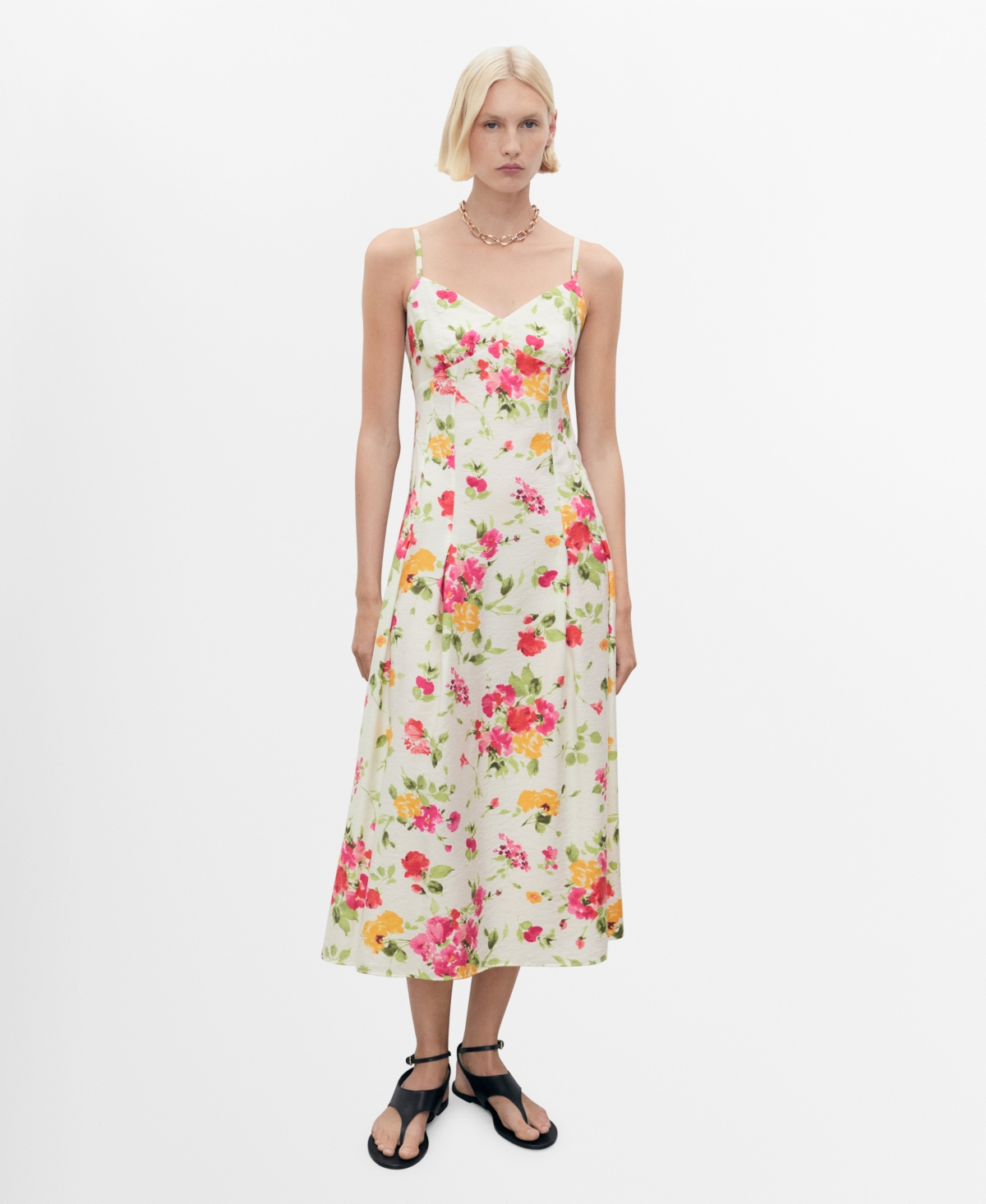 Mango Floral Print Flared Dress Ecru In Multi