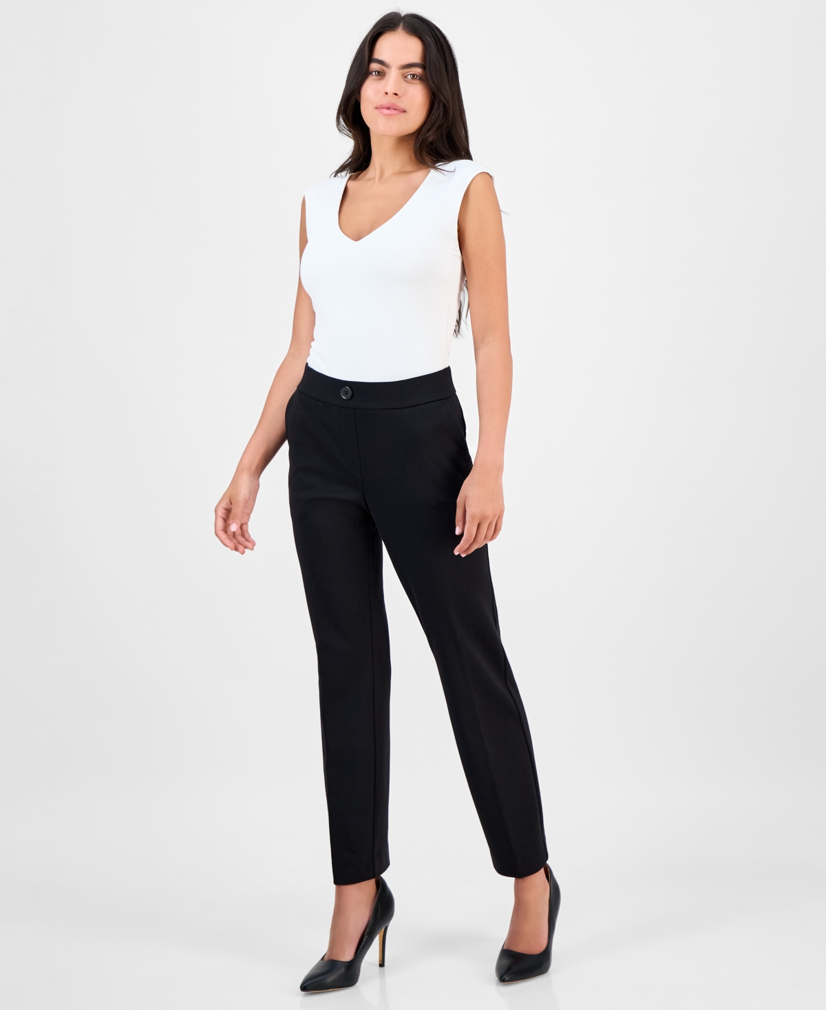Ak Anne Klein Petite Mid-rise Straight-leg Pants In Black
