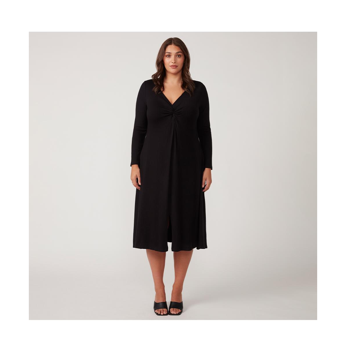 Eclipse Black Long Sleeve V-Neck Midi Dress - Black