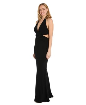 Juniors' Plunging Cutout-Side Halter Gown